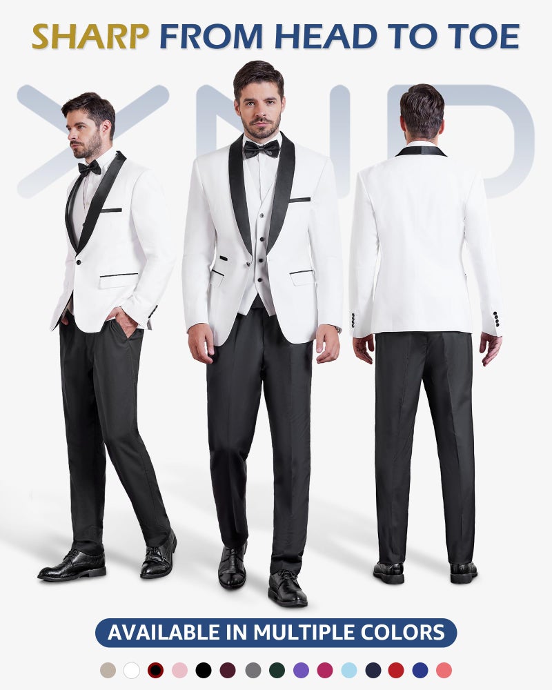YND Men's 3 Piece Tuxedo Set with Bow Tie, Slim Fit One Button Shawl Lapel Suit Blazer Vest Pants, for Wedding Prom Dinners, Black Collar White - Image 2