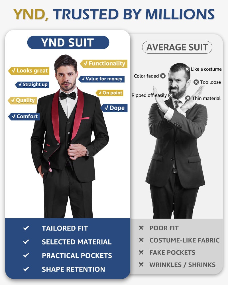 YND Men's 3 Piece Tuxedo Set with Bow Tie, Slim Fit One Button Shawl Lapel Suit Blazer Vest Pants, for Wedding Prom Dinners, Black Collar White - Image 5