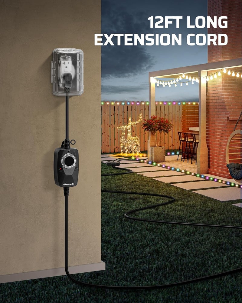 DEWENWILS Light Timer Outdoor Weatherproof with 12 FT Extension Cord, Photocell Timer Switch with 3 Grounded Outlets for Christmas Decorations, Landscape Light, String Lights, UL Listed - Image 2