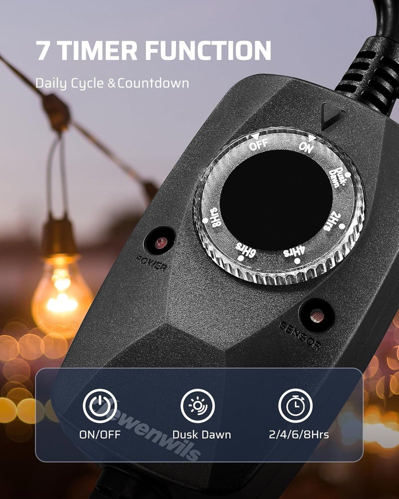 DEWENWILS Light Timer Outdoor Weatherproof with 12 FT Extension Cord, Photocell Timer Switch with 3 Grounded Outlets for Christmas Decorations, Landscape Light, String Lights, UL Listed - Image 4