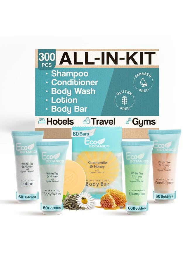 Terra Pure - Eco Botanics Hotel Soaps & Toiletries Bulk Set | 0.85oz Hotel Shampoo & Conditioner, Body Wash, Body Lotion & Bar Soap Travel Size | 300 Pieces - Image 1