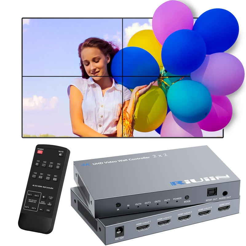Riuiin 4K 30HZ 2x2 Video Wall Controller HDMI Input with 12 Modes 180 Rotation Edge Masking Audio IR Remote and 2x21x21x31x42x13x14x1 Modes 4 tv Screens into 1 Wall Display - Image 2