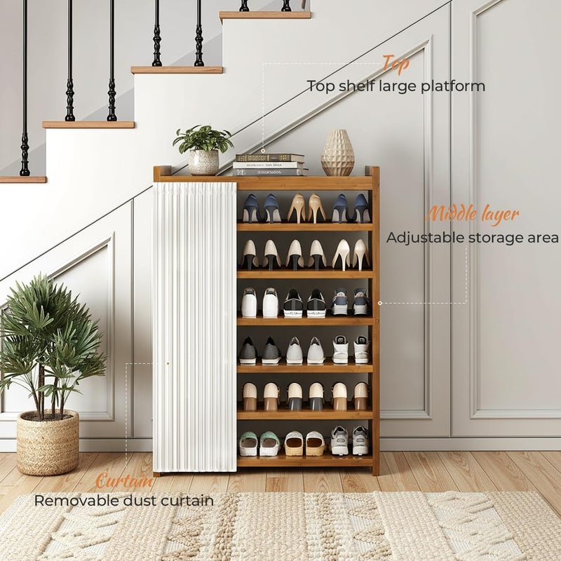 AOHRYME 6-Tier Shoes Rack Organizer Natural Bamboo - Freestanding Shoe Rack Cabinet, Shoe Storage Organizer Bamboo With Dustproof Cover, Freestanding Shoes Rack Suitable For Entrances, Living Rooms - Image 5