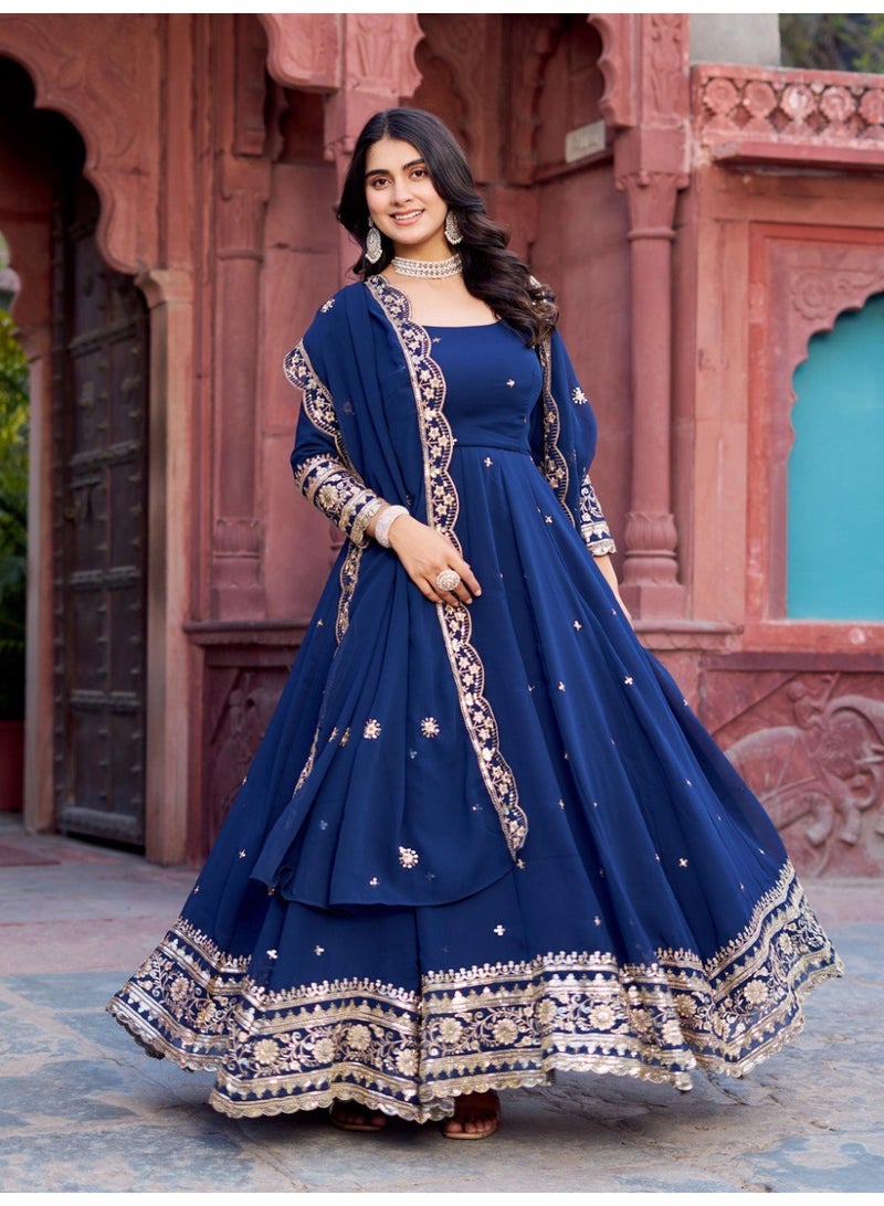 Super Asian Elegant Faux Georgette Gown Set with Pant & Embroidered Dupatta – Thread & Sequin Work - Image 1