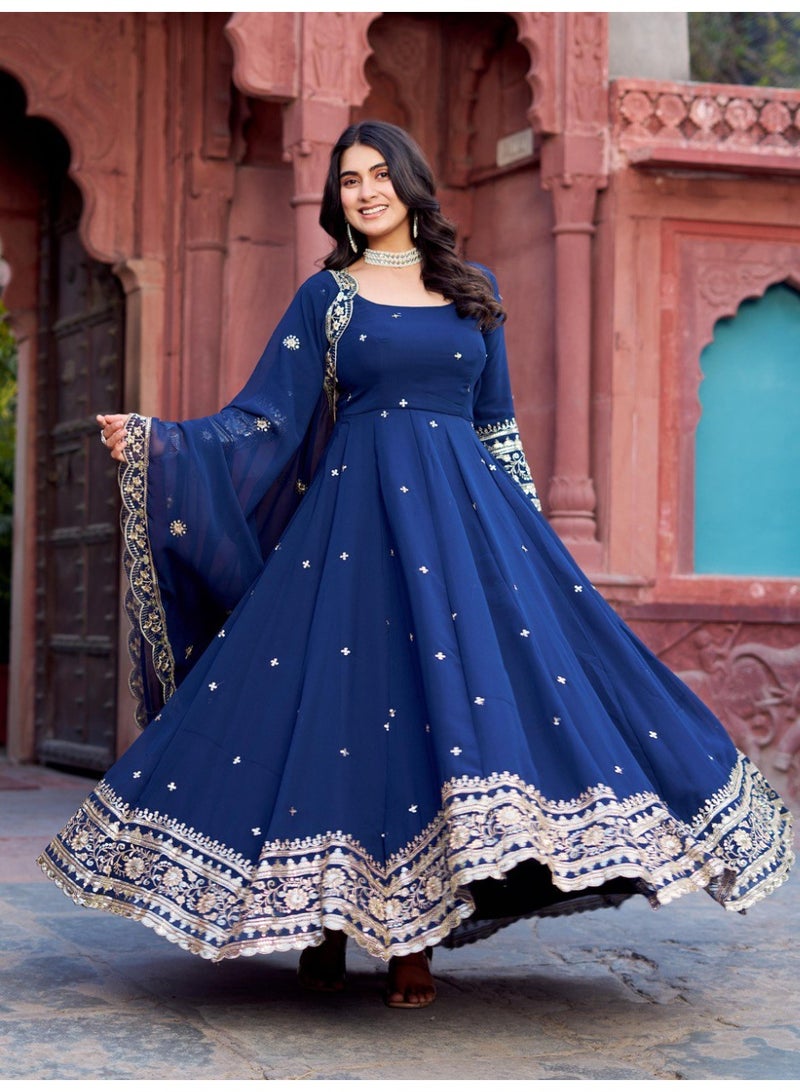 Super Asian Elegant Faux Georgette Gown Set with Pant & Embroidered Dupatta – Thread & Sequin Work - Image 4