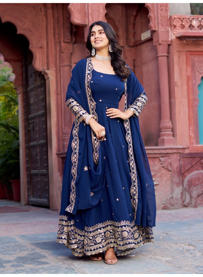 Super Asian Elegant Faux Georgette Gown Set with Pant & Embroidered Dupatta – Thread & Sequin Work - Image 3