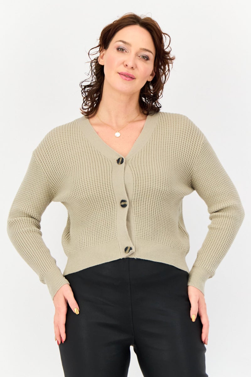 POOF Women V Neck Knitted Cardigan, Olive - Image 1