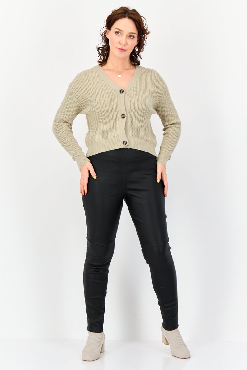 POOF Women V Neck Knitted Cardigan, Olive - Image 3