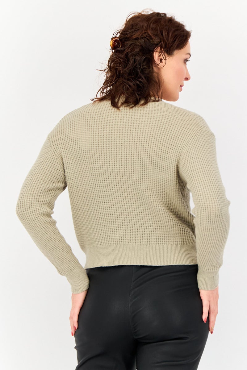 POOF Women V Neck Knitted Cardigan, Olive - Image 2