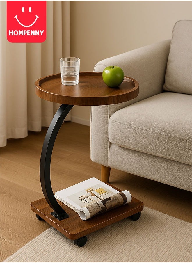 Hompenny - Multi-Functional C-Shaped End Table | Movable Sofa Coffee Table | Bedroom Nightstand | Luxury Wood Grain Small Table | 360° Swivel Wheels | Easy Storage - Image 1