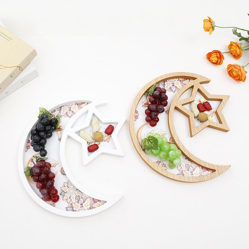 DD-life Star and Moon Tray Ramadan Serving Tray Ramadan Tray Eid Tray Food Tray Decorative Tray Fruit Storage Tray Bread Plate Divided Wooden Food Server - Image 5