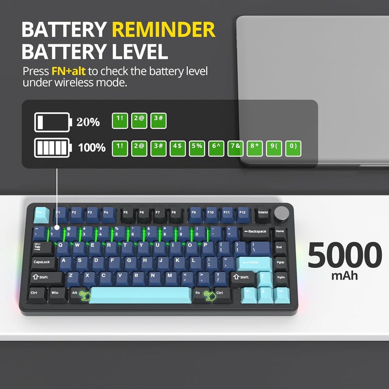 surmen M75 75% Wireless Creamy Keyboard with Gasket, Pre-lubed Triple Mode Bluetooth Mechanical Gaming Keyboard BT5.0/2.4Ghz/USB with Sound Absorbing Pads Hot-Swap(Deep Sea) - Image 4