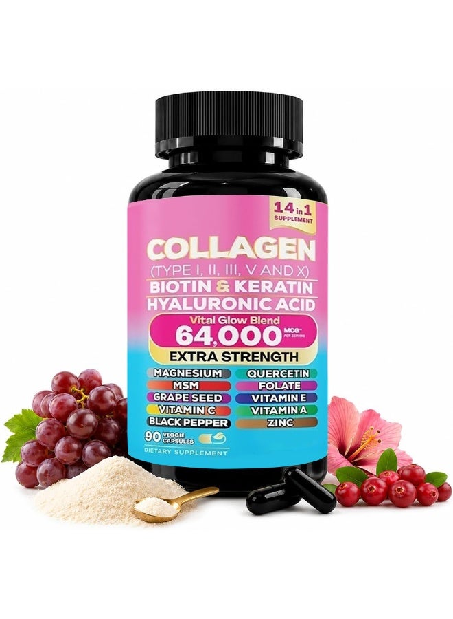 Collagen Pills Peptides Types I, II, III, V & X MCG Biotin Keratin Hyaluronic Acid MSM Vitamin A Vitamin C Vitamin E Folic Acid Zinc Magnesium with Grape Seed Extract, Quercetin 90 Caps - Image 1