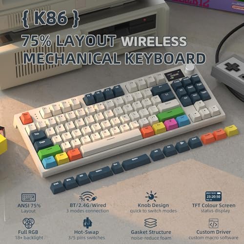 MAMBASNAKE ATTACK SHARK K86 Wireless Mechanical Keyboard with 1.2" TFT Color Display & CNC Knob,Hot Swappable RGB Backlit,2.4GHz/BT/Wired Modes,Customizable Blue Whale Switch,PBT Keycaps for WIN/MAC (Blue White) - Image 2
