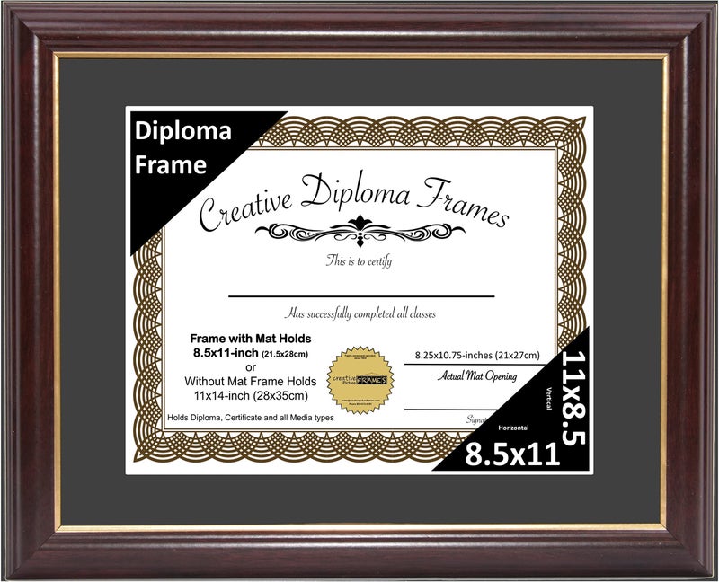 Creative Picture Frames 85x1111x14mhgold Mahogany Diploma Frame with Gold Rim and Black Matting To Hold 85 by 11inch Graduation Certificate with Easel and installed Hangers