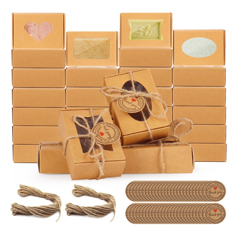 RYKOMO 60 PCS Kraft Soap Boxes with Window - Mini Soap Gift Boxes for Homemade Bakery, Candy, Cookies Packaging - 3.55 x 2.4 x 1.2 Inch - Image 1
