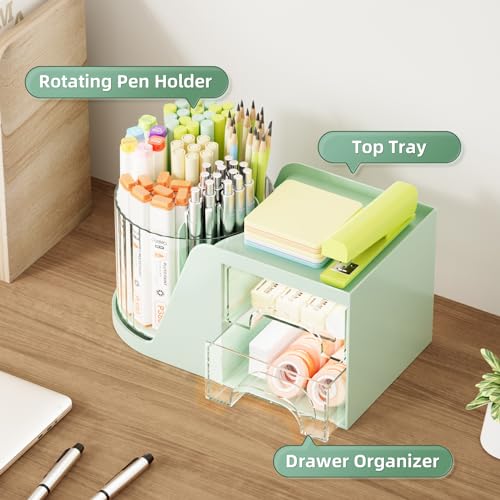 Marbrasse Desk Organizer with 2 Drawer 360Rotating Pen Holder Desk Organizers and Accessories with 6 Slots Pencil Holder 2 Drawer Art Supply Storage Box Caddy for Office Green - Image 3