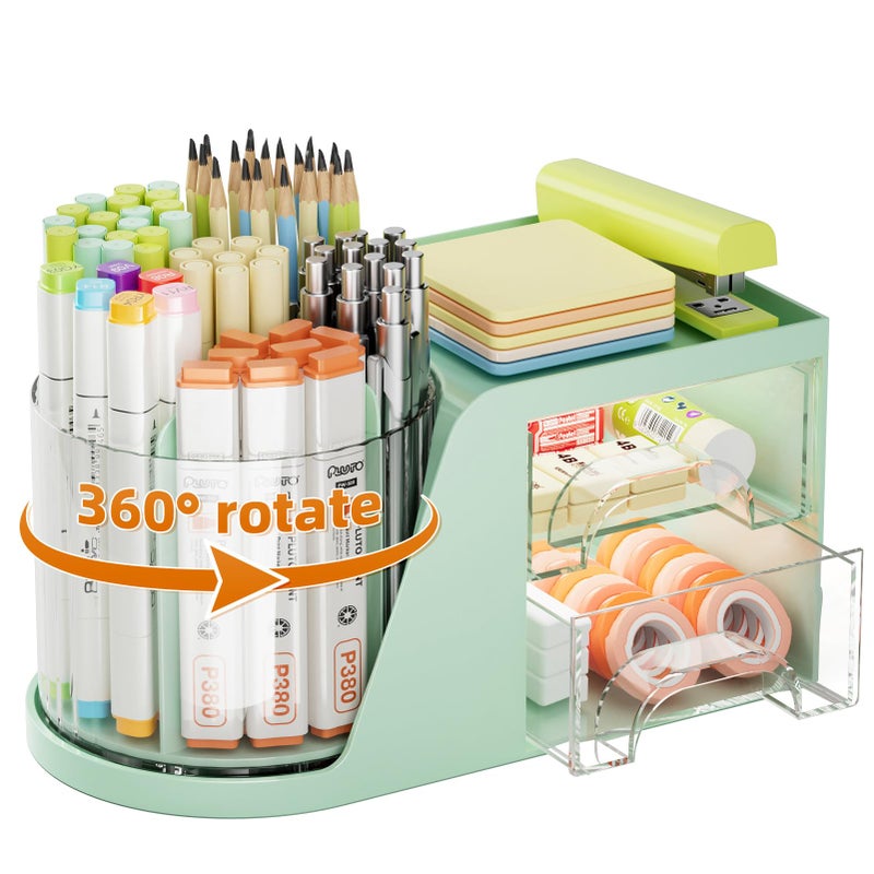 Marbrasse Desk Organizer with 2 Drawer 360Rotating Pen Holder Desk Organizers and Accessories with 6 Slots Pencil Holder 2 Drawer Art Supply Storage Box Caddy for Office Green - Image 2