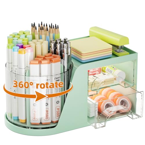 Marbrasse Desk Organizer with 2 Drawer 360Rotating Pen Holder Desk Organizers and Accessories with 6 Slots Pencil Holder 2 Drawer Art Supply Storage Box Caddy for Office Green - Image 1