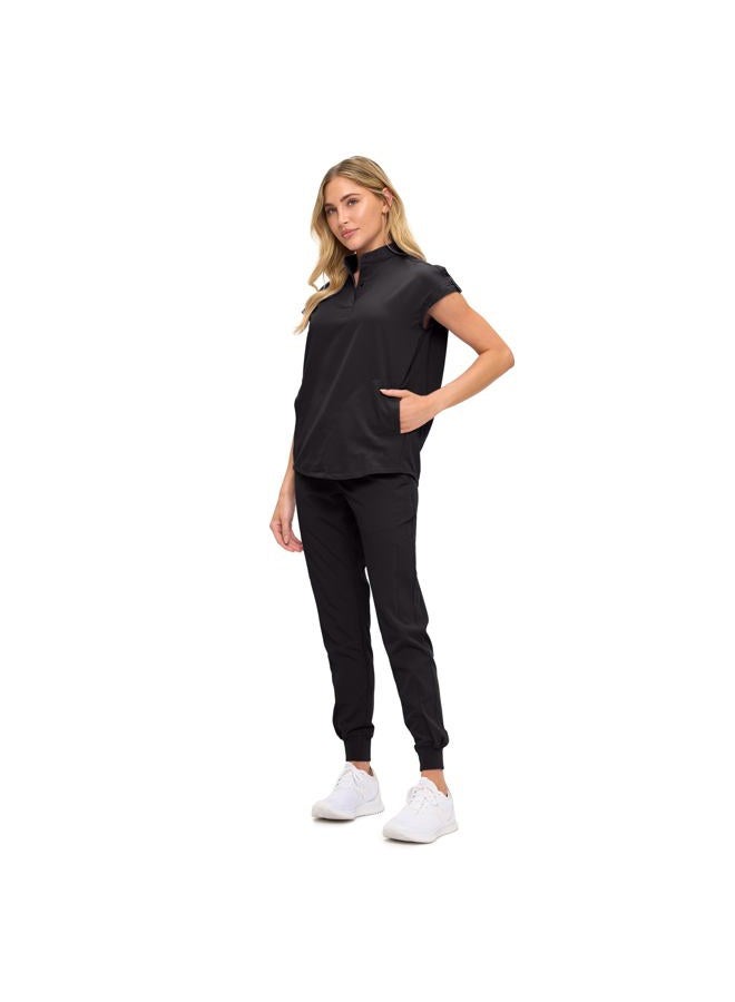 MONARCH UNIFORMS Womens Jogger Scrub Set with Oversized Scrub Top with Mandarin Collar. Supreme Comfort Scrub Set for Women, Black, PETITE-X-Small - Image 1