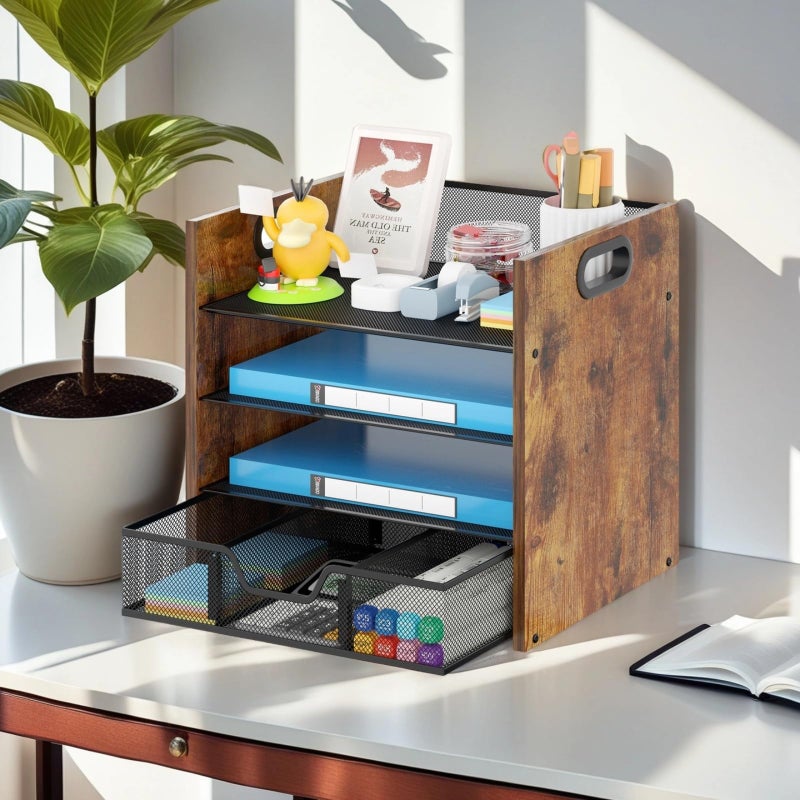 Boershun Wood Desk Organizer - 4-Tier Desktop File Organizer with Drawer, Wooden Paper Tray, Office Desk Organizer for Papers, Mail, Notebooks, Stationery - Image 2