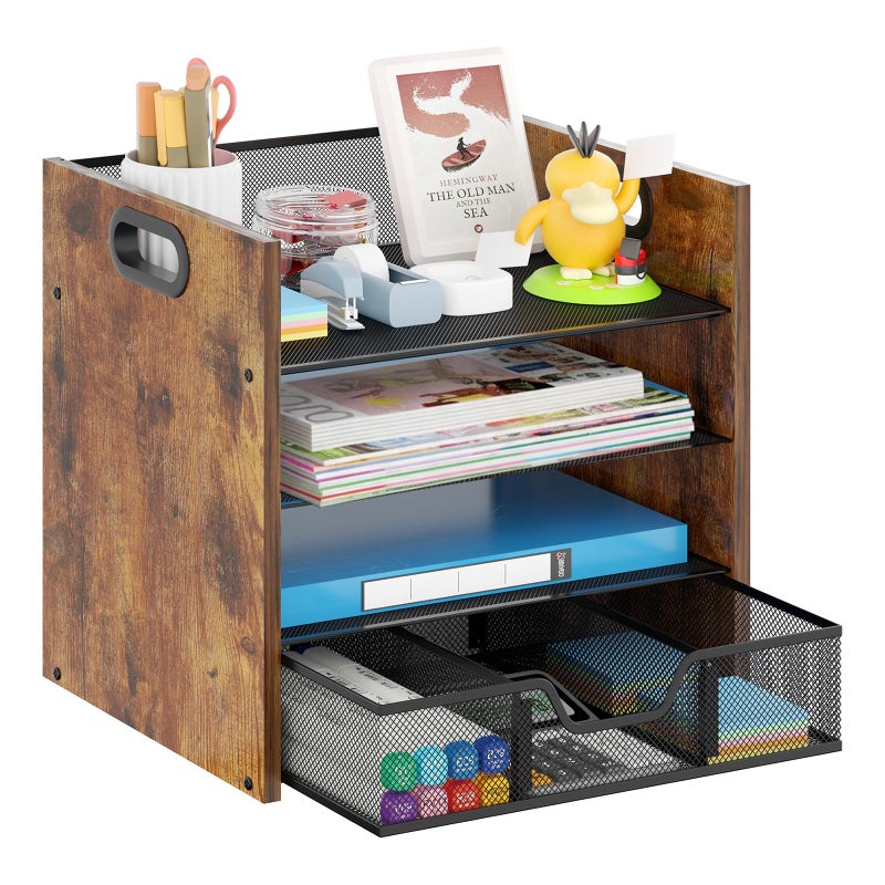 Boershun Wood Desk Organizer - 4-Tier Desktop File Organizer with Drawer, Wooden Paper Tray, Office Desk Organizer for Papers, Mail, Notebooks, Stationery - Image 1