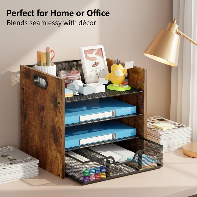 Boershun Wood Desk Organizer - 4-Tier Desktop File Organizer with Drawer, Wooden Paper Tray, Office Desk Organizer for Papers, Mail, Notebooks, Stationery - Image 4