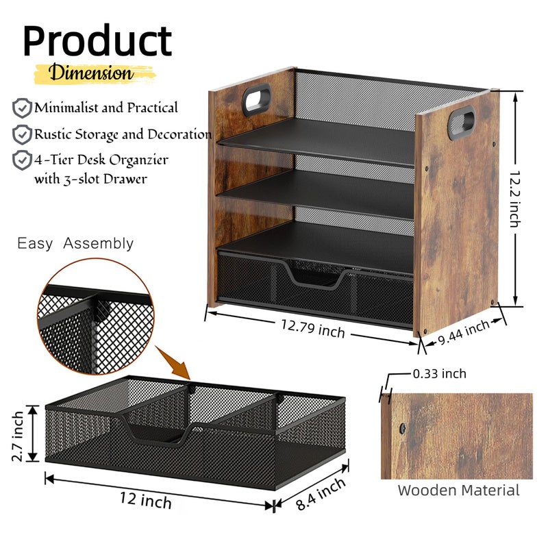 Boershun Wood Desk Organizer - 4-Tier Desktop File Organizer with Drawer, Wooden Paper Tray, Office Desk Organizer for Papers, Mail, Notebooks, Stationery - Image 3