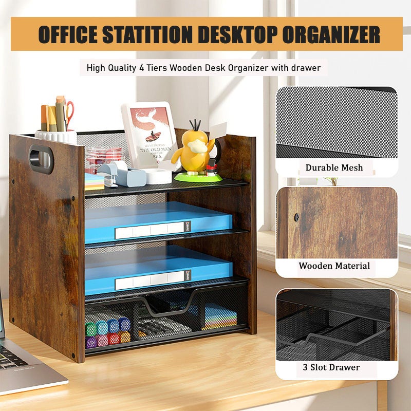 Boershun Wood Desk Organizer - 4-Tier Desktop File Organizer with Drawer, Wooden Paper Tray, Office Desk Organizer for Papers, Mail, Notebooks, Stationery - Image 5