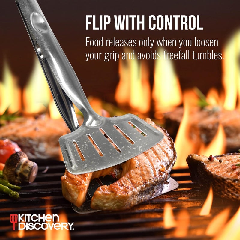 Kitchen Discovery Grip Right Turner Tongs – – Dual Spatulas for Safe Lifting of Fish, Burgers, Pancakes, Cutlets – Stainless Steel Barbecue Tongs for Easy Flipping - Image 2