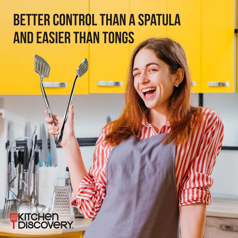 Kitchen Discovery Grip Right Turner Tongs – – Dual Spatulas for Safe Lifting of Fish, Burgers, Pancakes, Cutlets – Stainless Steel Barbecue Tongs for Easy Flipping - Image 3