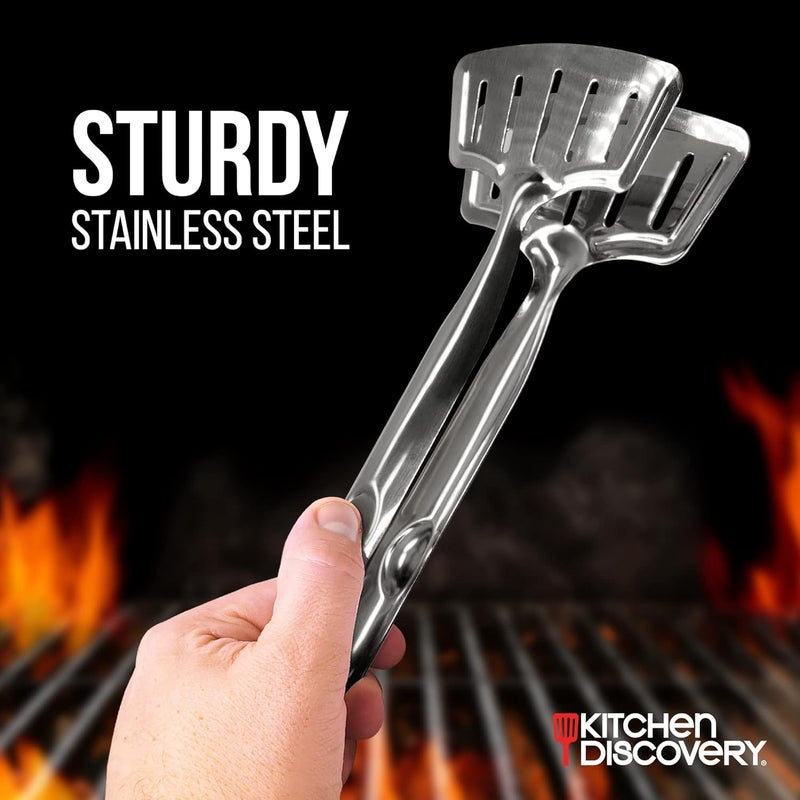 Kitchen Discovery Grip Right Turner Tongs – – Dual Spatulas for Safe Lifting of Fish, Burgers, Pancakes, Cutlets – Stainless Steel Barbecue Tongs for Easy Flipping - Image 4