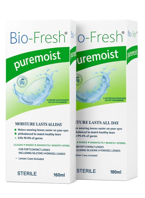محلول بيو-فريش بيور مويست للعدسات اللاصقة: ينظف، يطهر، يحفظ، يشطف، ويعيد ترطيب العدسات - 160 مل، عبوتان