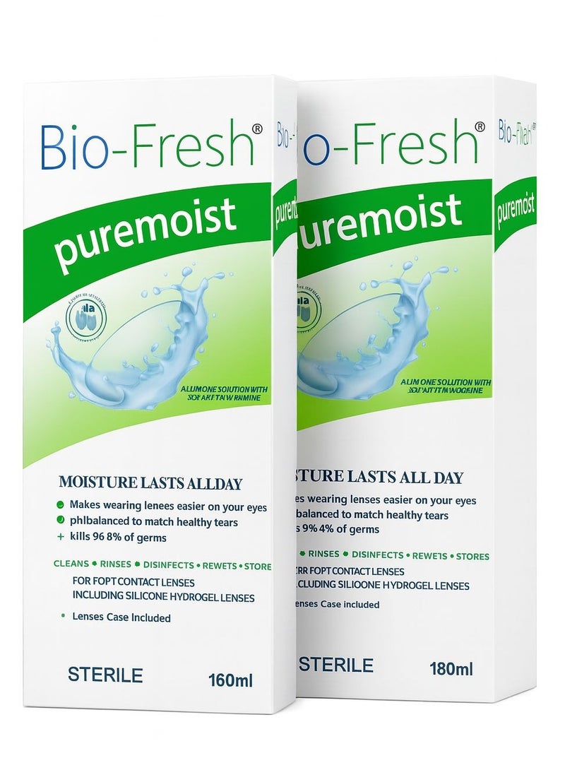 محلول بيو-فريش بيور مويست للعدسات اللاصقة: ينظف، يطهر، يحفظ، يشطف، ويعيد ترطيب العدسات - 160 مل، عبوتان