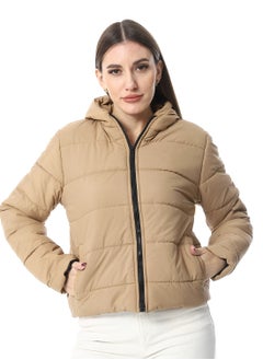 Andora Hooded Plain Puffer Jacket _ Camel  - Image 1