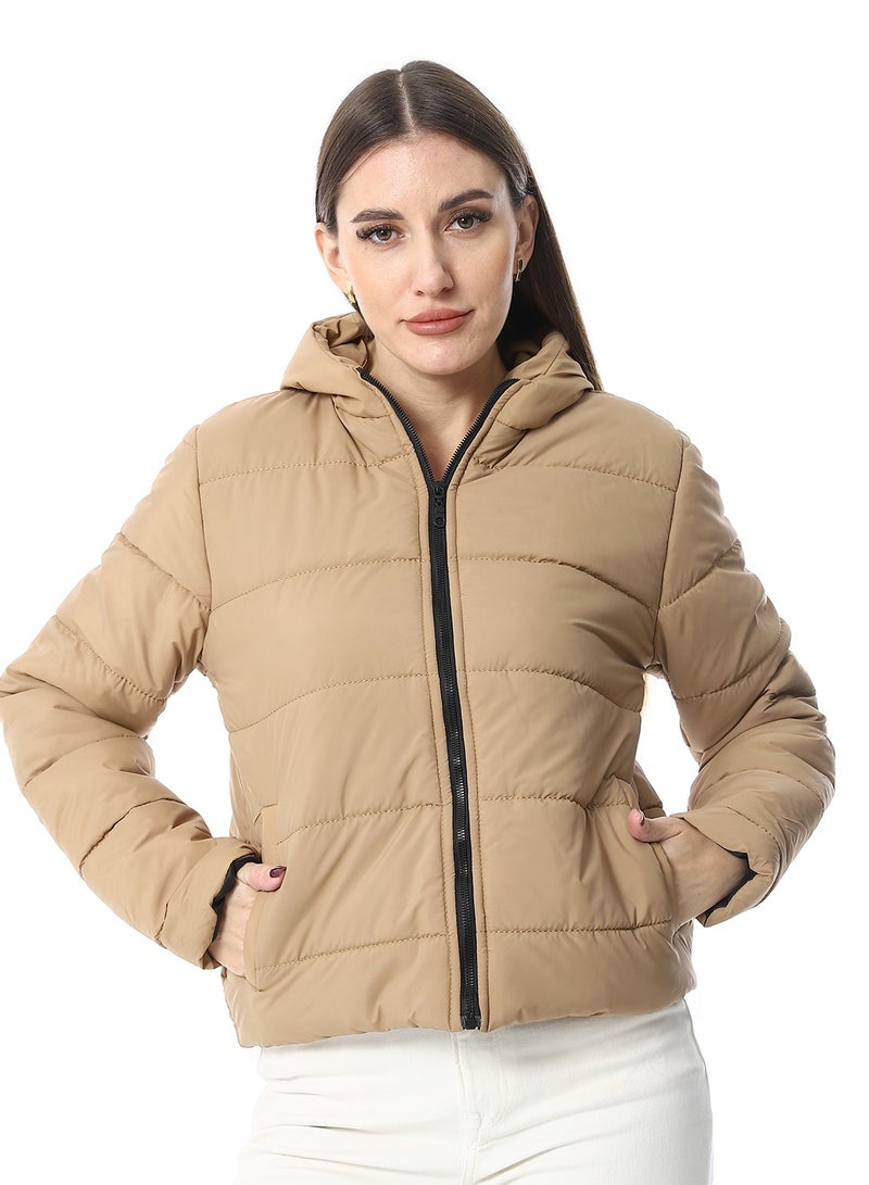 Andora Hooded Plain Puffer Jacket _ Camel - Image 1