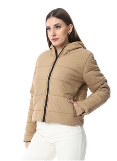 Andora Hooded Plain Puffer Jacket _ Camel  - Image 2