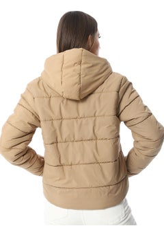 Andora Hooded Plain Puffer Jacket _ Camel  - Image 3