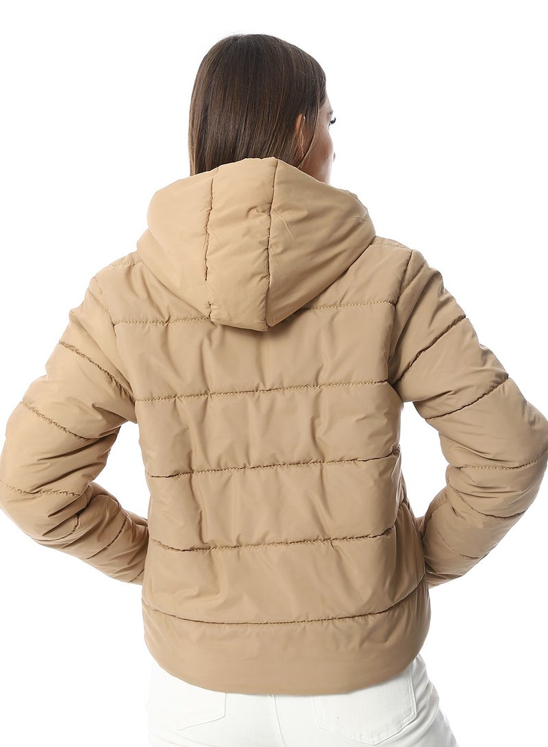 Andora Hooded Plain Puffer Jacket _ Camel - Image 3