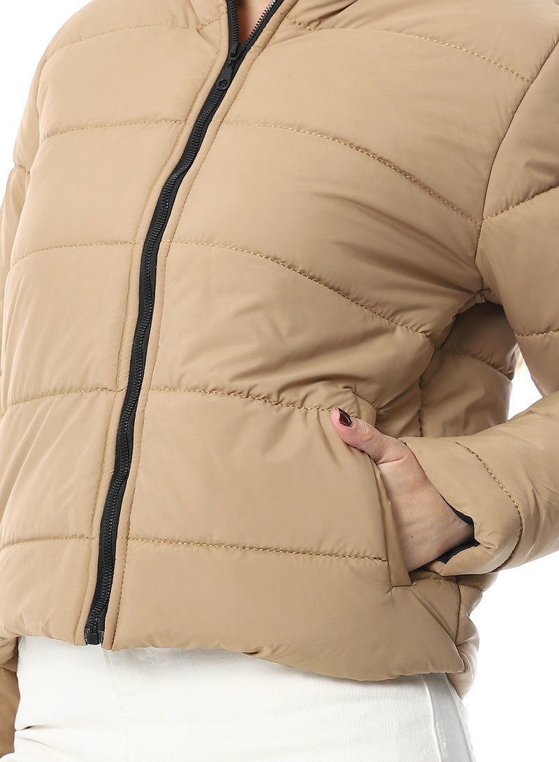 Andora Hooded Plain Puffer Jacket _ Camel - Image 4