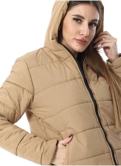 Andora Hooded Plain Puffer Jacket _ Camel  - Image 5