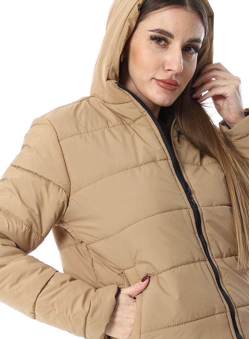 Andora Hooded Plain Puffer Jacket _ Camel - Image 5