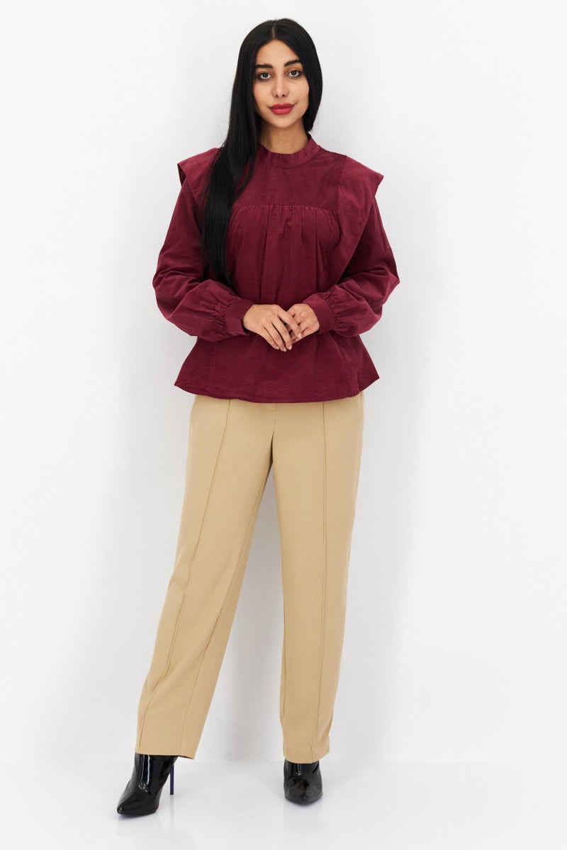 s.Oliver Women Mock Neck Long Sleeve Corduroy Blouse, Maroon - Image 2