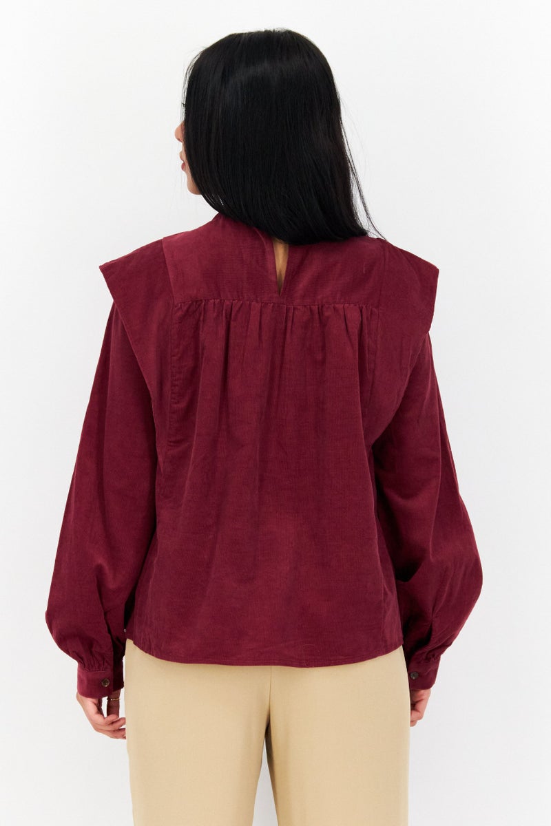 s.Oliver Women Mock Neck Long Sleeve Corduroy Blouse, Maroon - Image 4