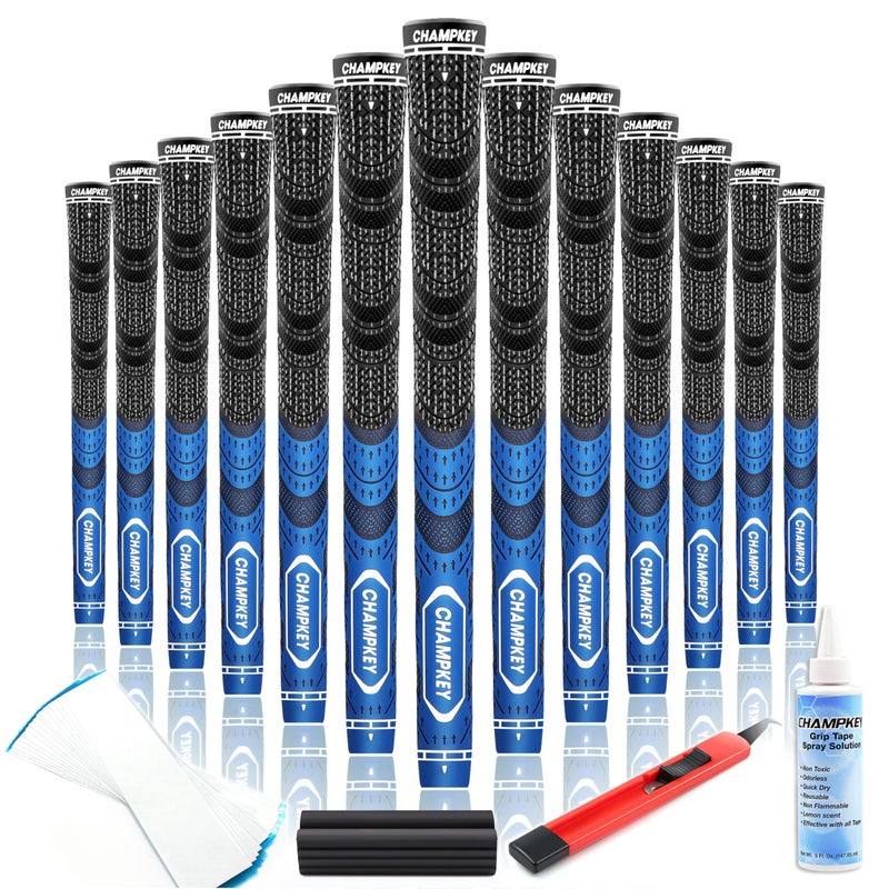 CHAMPKEY Premium Hybrid Golf Grips 13 Pack with All Repair Kits - All Weather Performance Golf Club Grips - High Traction and Control Half Corded Golf Grips for Men(Blue,Oversize) - Image 1