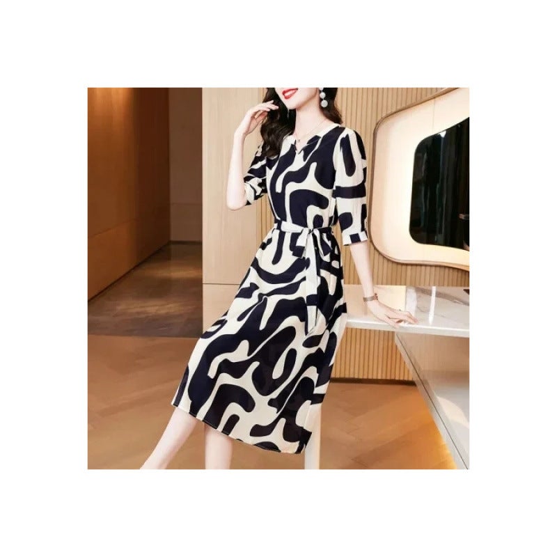 French high-end acetic acid satin dress 2024 autumn new ladies high-end temperament slim-fit printed skirt Picture color