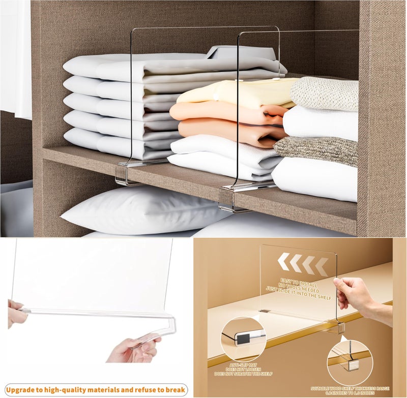 Yieach 4 Pack Clear Acrylic Shelf Divider for Closet Organization - 9.2″ Tall Closet Dividers for Wood Shelves,Cupboard,Vertical Shelf Separators in Closet for T-Shirt,Purse,Handbag,Sweater Organizer - Image 3