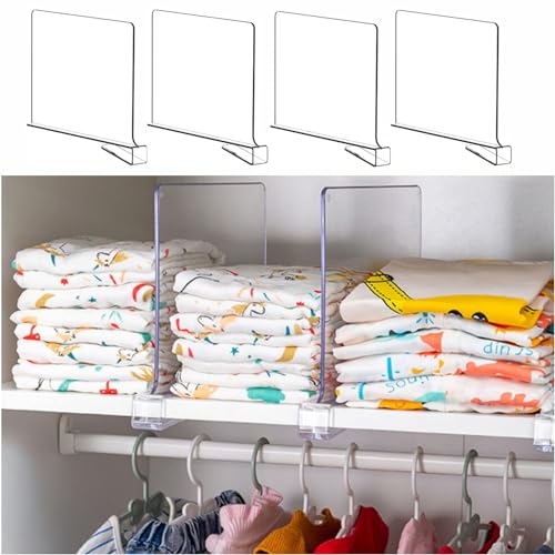 Yieach 4 Pack Clear Acrylic Shelf Divider for Closet Organization - 9.2″ Tall Closet Dividers for Wood Shelves,Cupboard,Vertical Shelf Separators in Closet for T-Shirt,Purse,Handbag,Sweater Organizer - Image 1