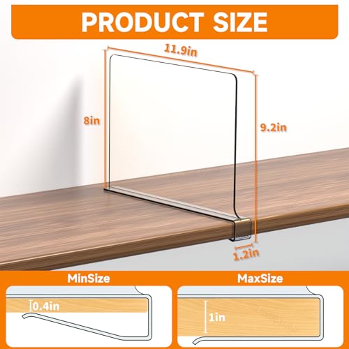 Yieach 4 Pack Clear Acrylic Shelf Divider for Closet Organization - 9.2″ Tall Closet Dividers for Wood Shelves,Cupboard,Vertical Shelf Separators in Closet for T-Shirt,Purse,Handbag,Sweater Organizer - Image 2