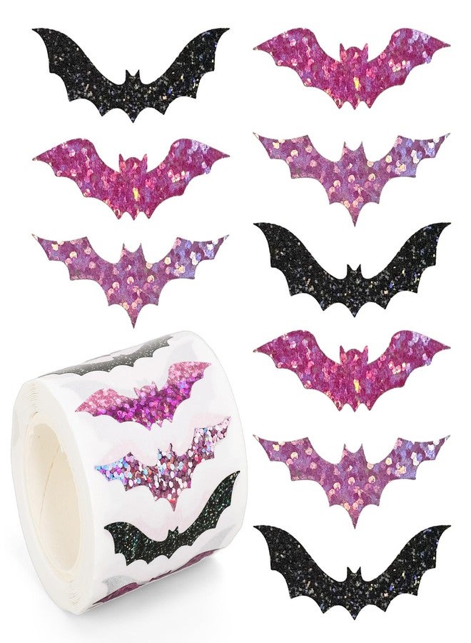 Whaline Halloween Bats Stickers Roll Laser Pink Black Bat Seal Stickers Sparkly Waterproof Self-Adhesive Decals for Envelope Journal Decor Party Supplies, 500Pcs - Image 1